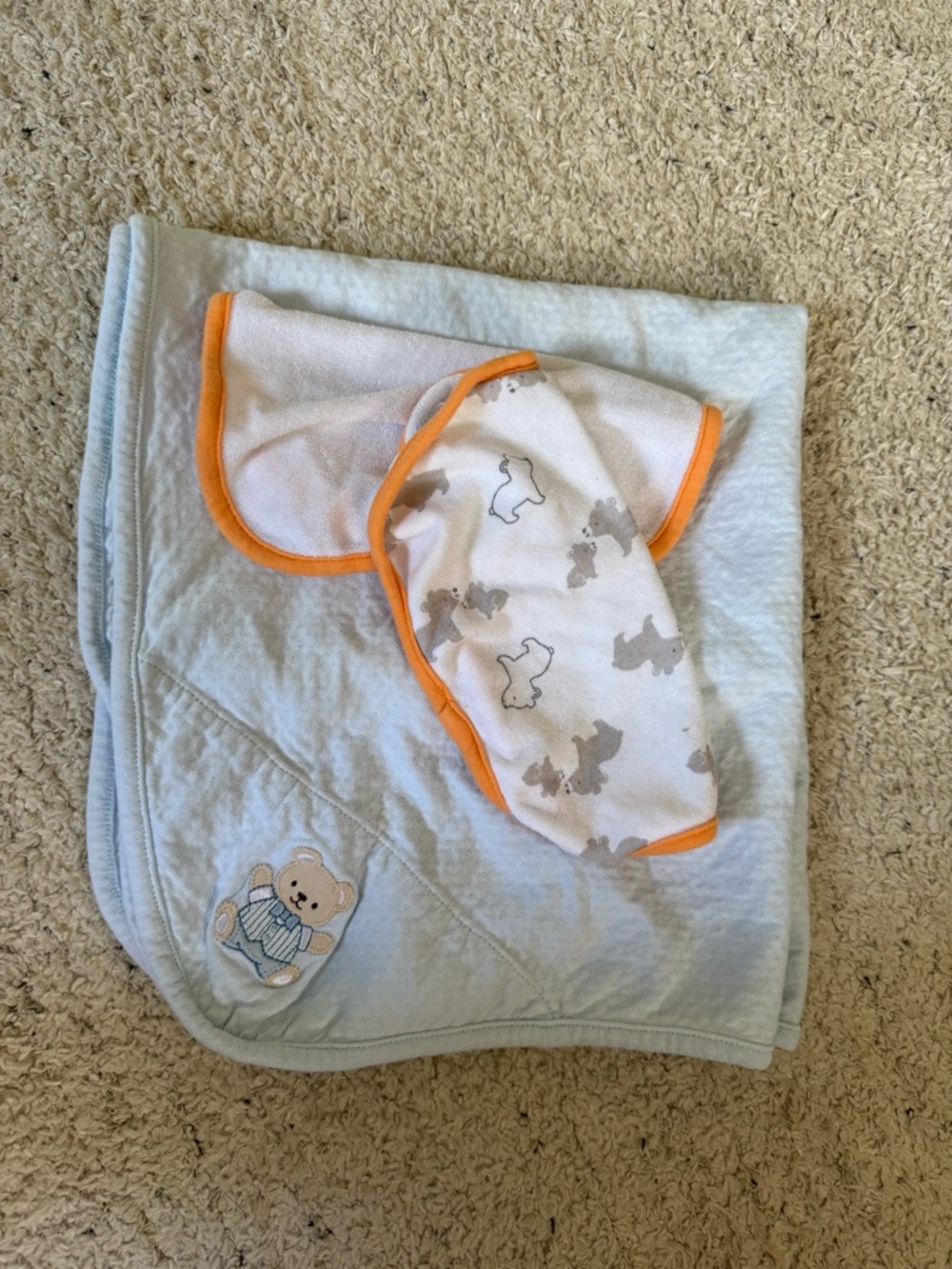 Baby Blue Bear Blanket with Orange-Trimmed Burp Cloth